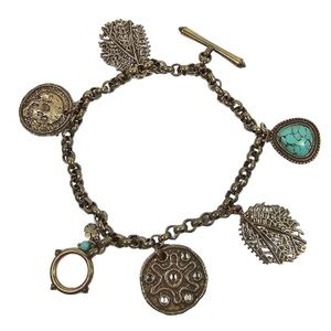 Lucky Brand Antiqued Bronze Pirate Treasure Turquoise Stone Skull Charm Bracelet